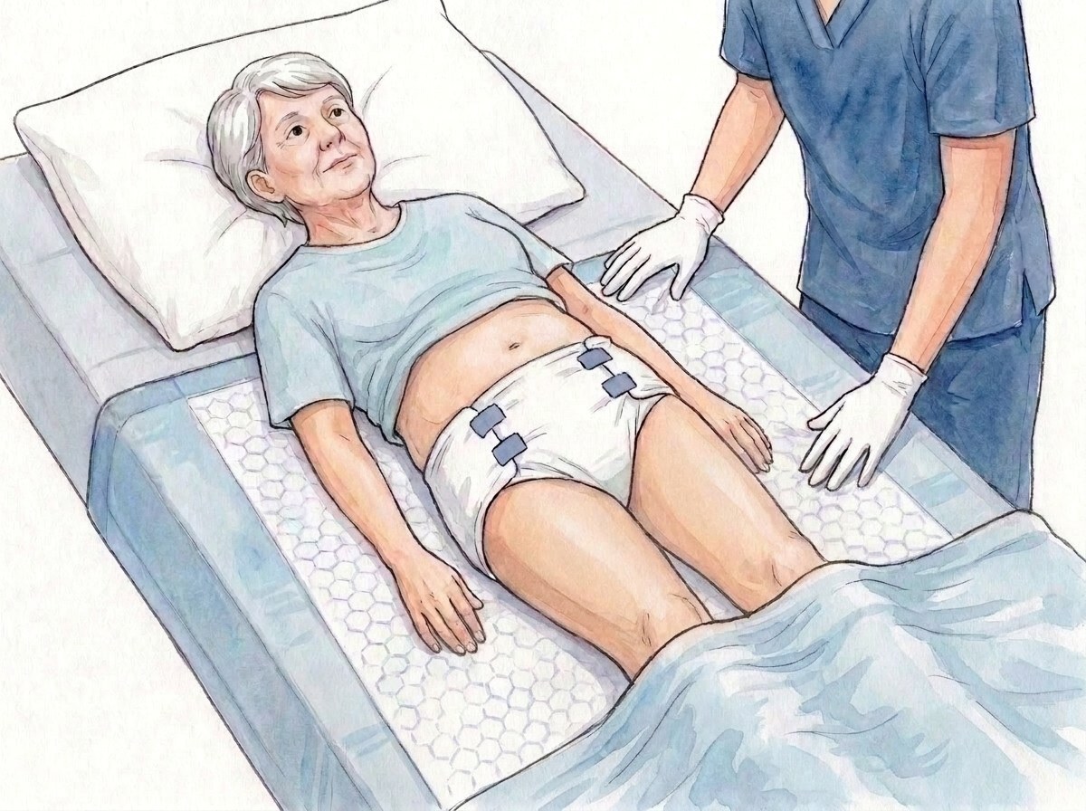 1. Mati-onderlegger op het laken, over de volledige breedte, met de instopstroken ingestopt